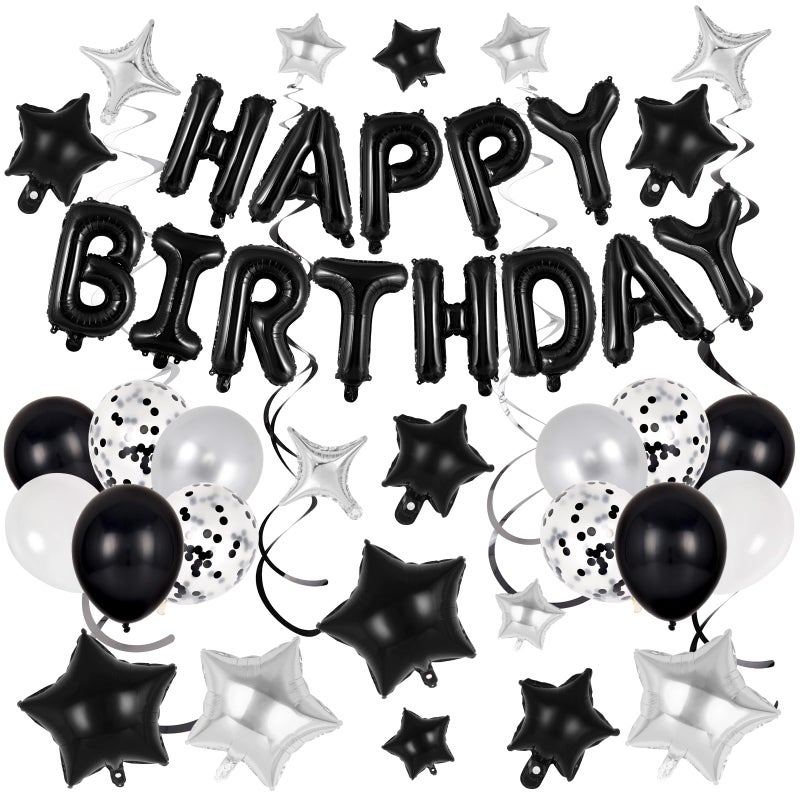 TOTAFAM 55 Pcs Happy Birthday Balloons Letters Banner with 35 Pcs Star Foil Balloons 20 Pcs Latex Balloon 6 Hanging Swirls for Women Men Boys Girls Birthday Party Decorations Set Black - Image 2