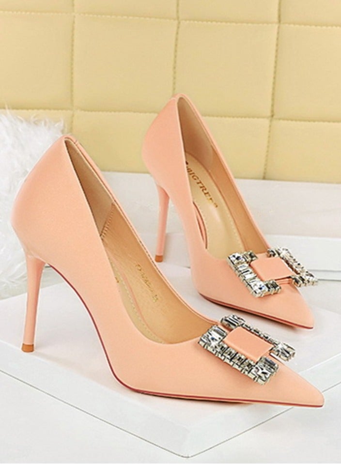 BIGTREE Women's Satin Closed Pointed Toe Stiletto Pump Rhinestone Square Buckle Decoration High Heels Pale Pink 10CM - Image 2