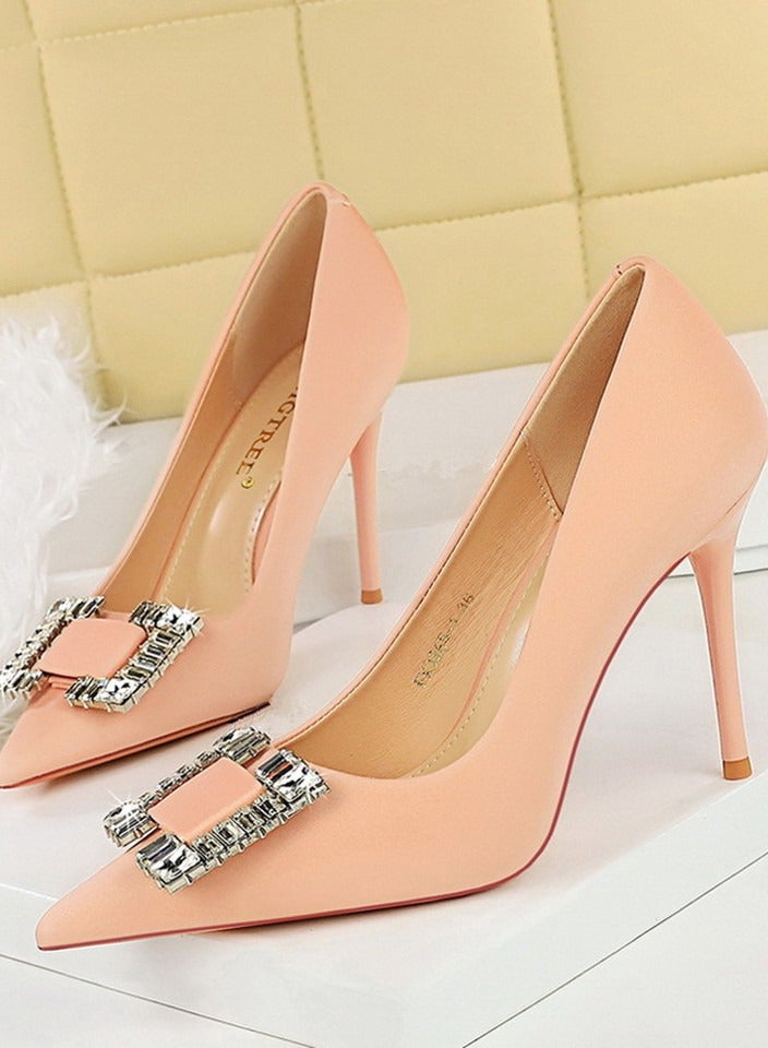 BIGTREE Women's Satin Closed Pointed Toe Stiletto Pump Rhinestone Square Buckle Decoration High Heels Pale Pink 10CM - Image 1