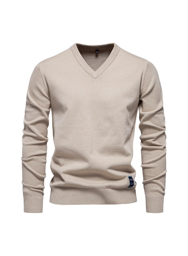 Cotton Sweater Pullover Men's V-neck Solid Color Long Sleeve Men Knitting Clothing Warm Sweaters Men Casual Fashion Tops - Image 1