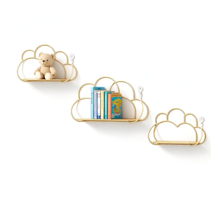 Cloud-Shaped Floating Shelf - Set of three golden LED-lit wall shelves with premium metallic finish and natural wood base, ideal for home decoration