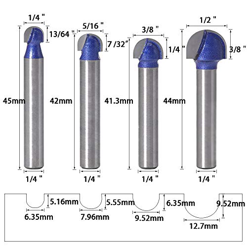 Wolfride 4pcs Core Box Router Bit 1/4 Inch Shank Round Nose Cove Box Router Bits - Image 2