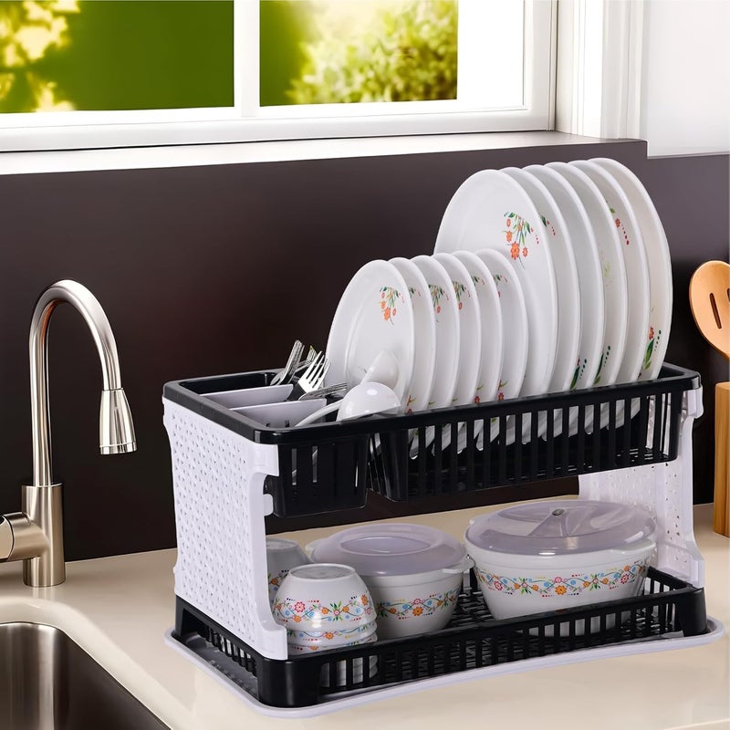 Home Stuffs Plastic 2Layer Dish Rack Plastic with Drainage Tray Large Capacity for 12 Plates 6 Cups Utensil Holder Compact Kitchen Organizer for Drying Dishes AntiRust and SpaceSaving Design - Image 1