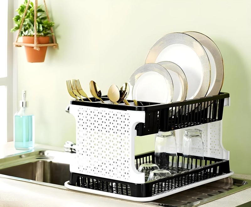 Home Stuffs Plastic 2Layer Dish Rack Plastic with Drainage Tray Large Capacity for 12 Plates 6 Cups Utensil Holder Compact Kitchen Organizer for Drying Dishes AntiRust and SpaceSaving Design - Image 2