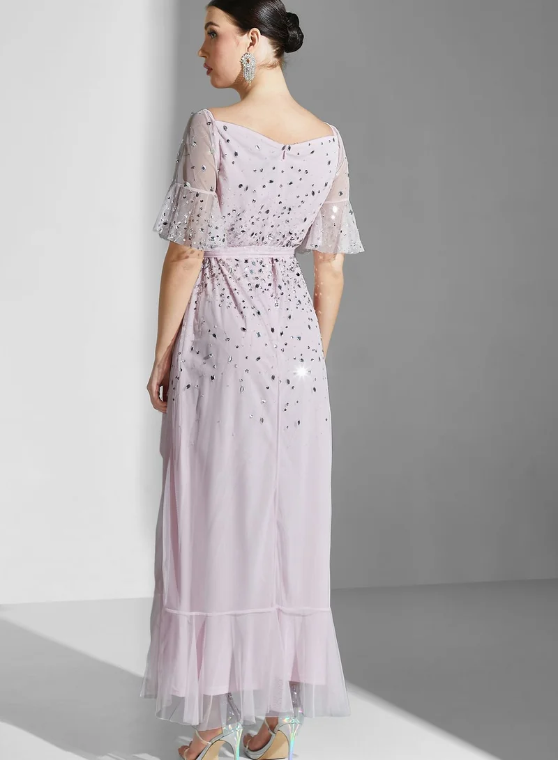 Amelia Rose Ruffle Detail High Low Sequin Dress