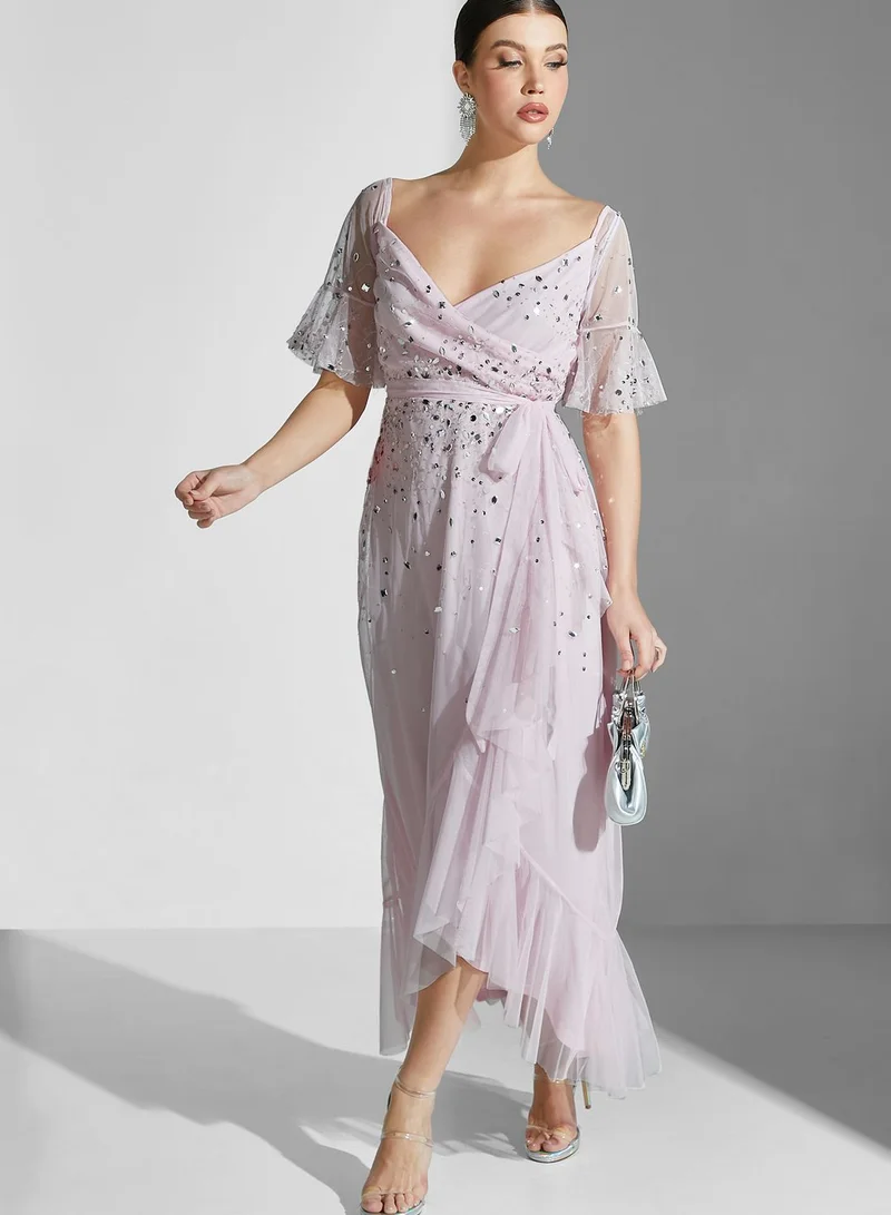 Amelia Rose Ruffle Detail High Low Sequin Dress