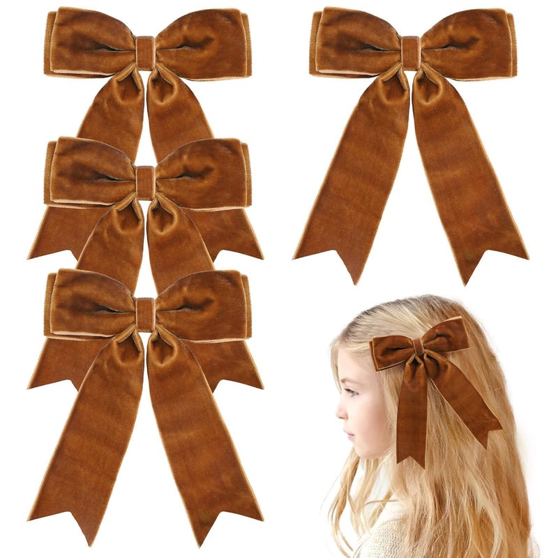 NCMAMA 4PCS Velvet Hair Bows for Girls Khaki Hair Bow Clips Ponytail long Ribbon Bows Hair Accessories for Women Girls Toddlers Infant Khaki