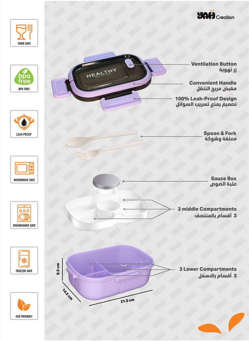 YAH HealthyLife Bento Lunch Box with Sauce Box - BPA-Free, Leak-Proof, 2 Stackable Layers with 6 Compartments, Microwave & Dishwasher Safe, Includes Cutlery & Handle for Easy Carrying
