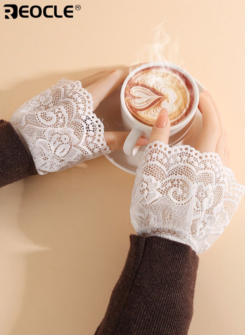 REOCLE Women's Wrist Cuffs Romantic Floral Lace Fingerless Cuffs Intricate Pattern & Scalloped Edge Design for Feminine Outfit Layering - Image 2