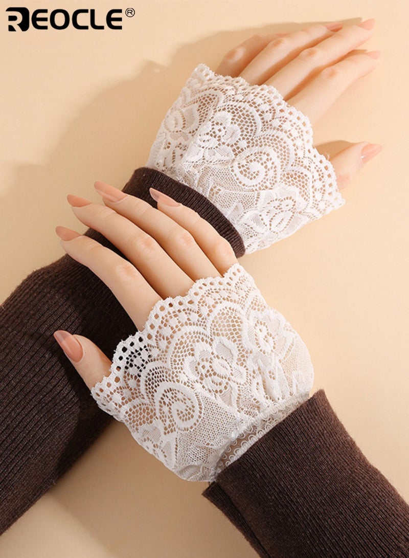 REOCLE Women's Wrist Cuffs Romantic Floral Lace Fingerless Cuffs Intricate Pattern & Scalloped Edge Design for Feminine Outfit Layering - Image 3