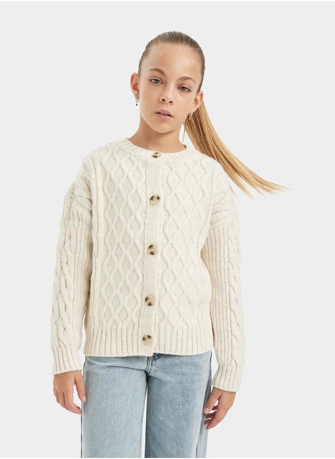 DeFacto - Textured Round Neck Button Up Cardigan by Styli - Image 1