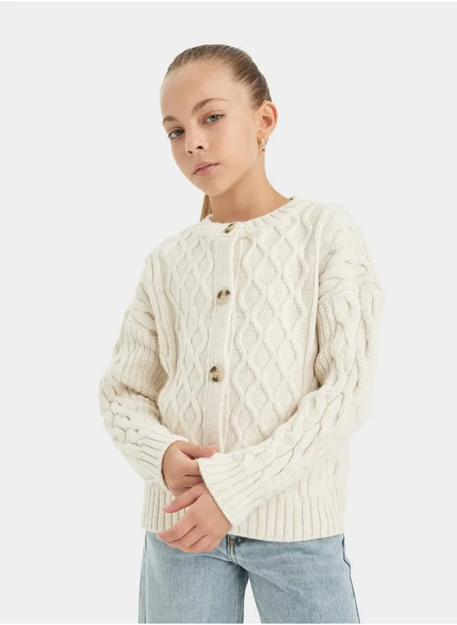 ديفاكتو Textured Round Neck Button Up Cardigan by Styli