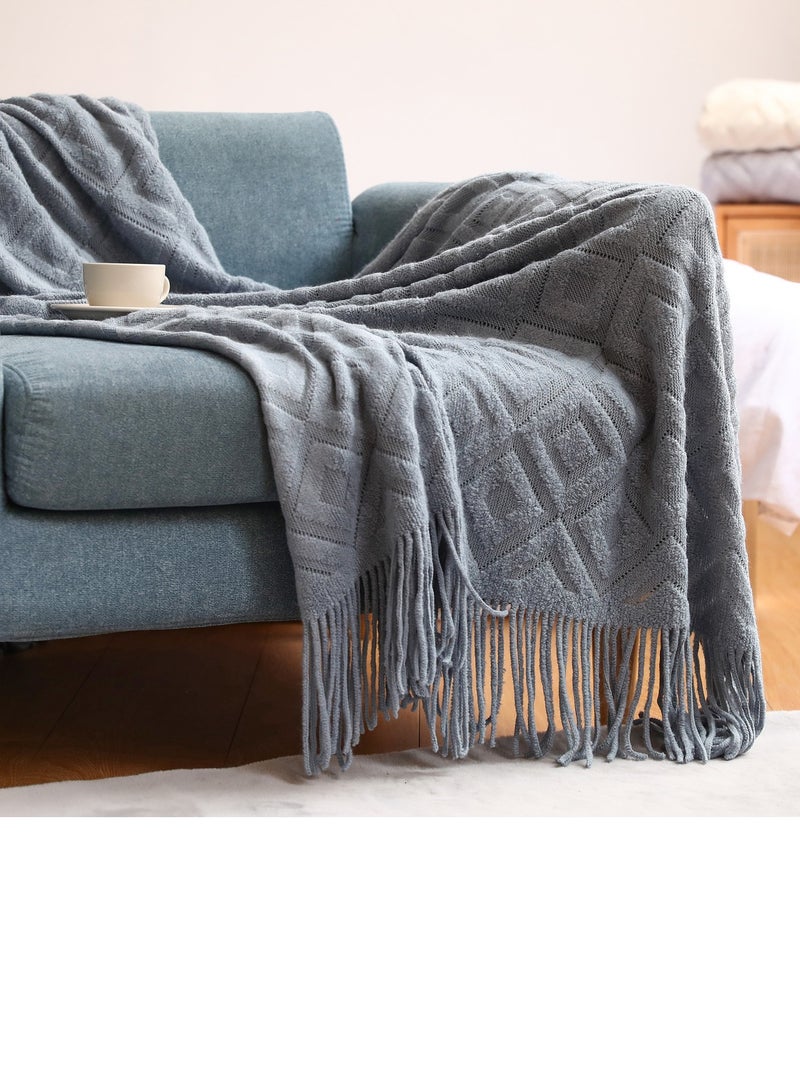 Loquat Solid Color Tassel Design Jacquard Weave Knitted Soft Throw Blanket Dusty Blue 