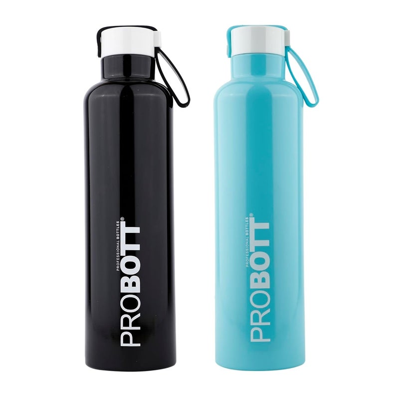 PROBOTT Probott Bang 750ml Thermoses Vacuum Insulated Flask Bottle, Stainless Steel Water Bottles, Screw Cap | Hot and Cold | Leak Proof | Pack of 2 | Shiny Black+Baby Blue  - Image 1