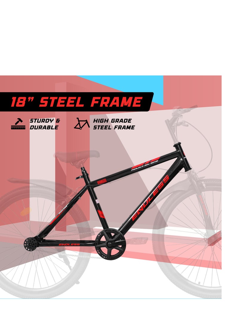 ENDLESS  High Carbon Steel Mountain Bike|18 Inch Frame Size | 26 Inch Wheel Size | Single Speed| Dual Disc Brakes | Bike For Men & Women | Black Red Color - Image 4
