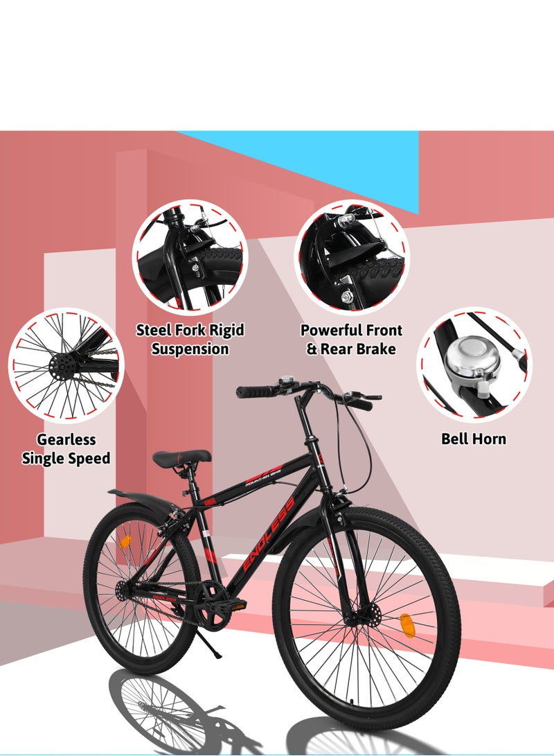 ENDLESS  High Carbon Steel Mountain Bike|18 Inch Frame Size | 26 Inch Wheel Size | Single Speed| Dual Disc Brakes | Bike For Men & Women | Black Red Color - Image 2