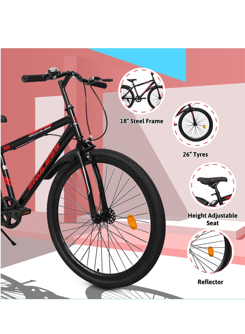 ENDLESS  High Carbon Steel Mountain Bike|18 Inch Frame Size | 26 Inch Wheel Size | Single Speed| Dual Disc Brakes | Bike For Men & Women | Black Red Color - Image 3