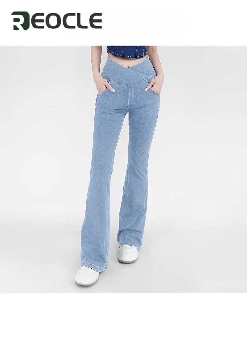REOCLE - Women's Bell Bottom Jeans High Waisted Stretchy Flare Jeans Pull On Tummy Control Flare Pants with Pockets Classic Denim Pants - Image 1