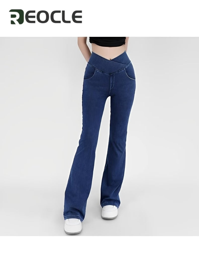REOCLE - Women's Bell Bottom Jeans High Waisted Stretchy Flare Jeans Pull On Tummy Control Flare Pants with Pockets Classic Denim Pants - Image 1