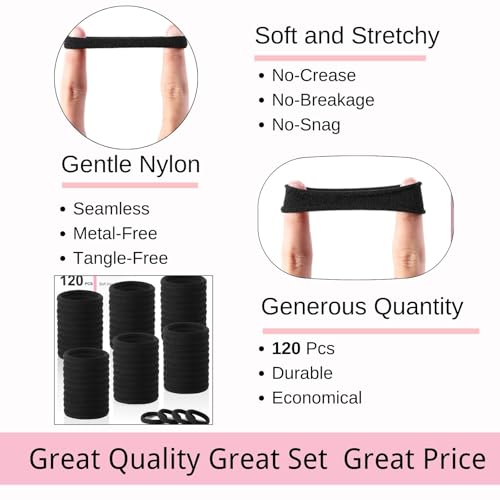 LuSeren 120PCS Black Hair Ties for Thick Hair – Seamless No Damage Elastic Ponytail Holders, Black Hair Band,Bulk Nylon Hair Elastics for Women - Image 3