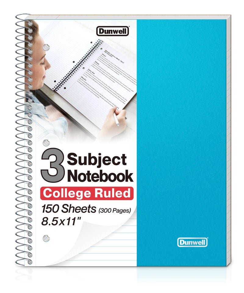 Dunwell 3 Subject Notebook College Ruled (Blue), 150 Sheets (300 Pages), Spiral Notebook 8.5 x 11, Plastic Cover, 3 Pocket Divider Folders, 3-Hole Punched Perforated Paper - Image 1