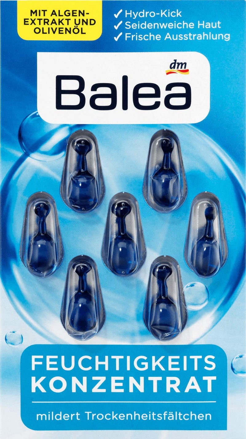 balea باليه تركيز مرطب - كبسولات زيت الوجه المرطبة مع مستخلص الطحالب، فيتامين E وزيت الزيتون، 2 × 7 قطعة، ألمانيا - Image 1