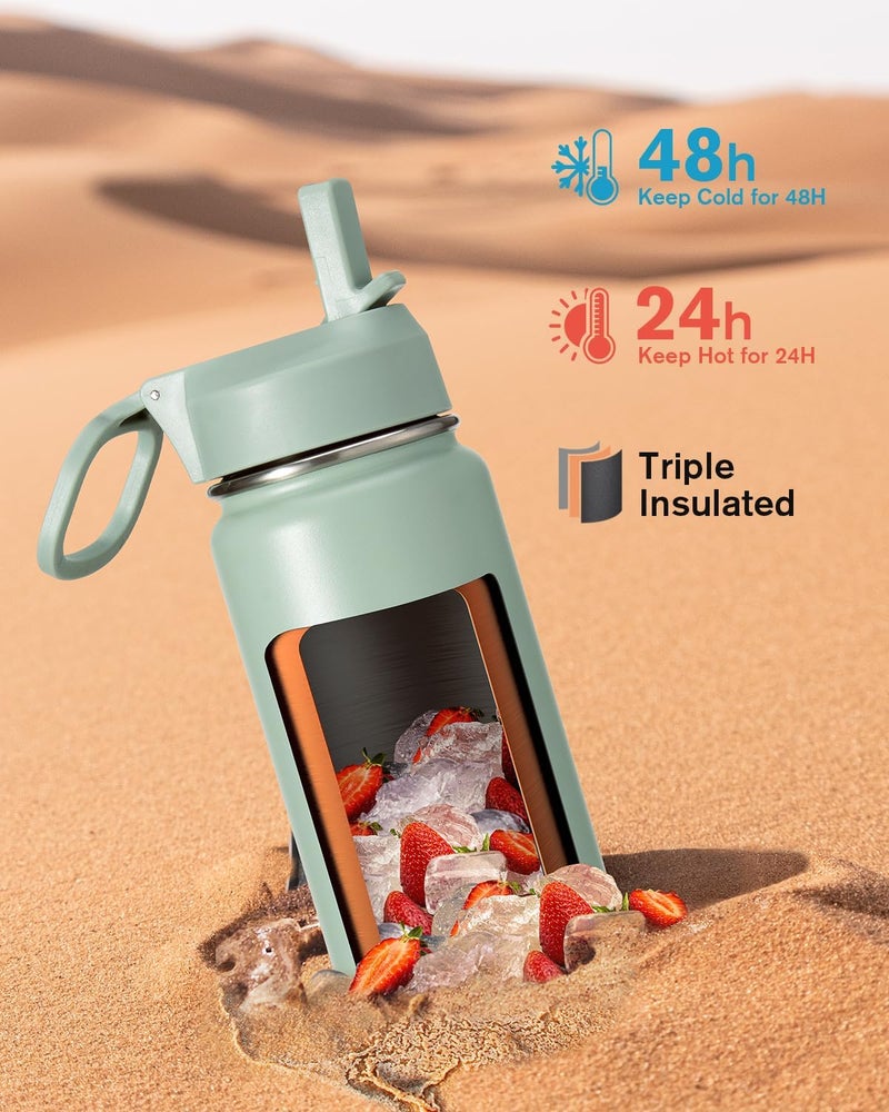 Coolflask Water Bottle 750ml Insulated with Straw, Stainless Steel Metal 3 Lids Water Flask Wide Mouth for Sports or Office, Non-BPA Keep Cold Up to 48 Hrs or Hot Up to 24 Hrs, Grey Green - Image 2