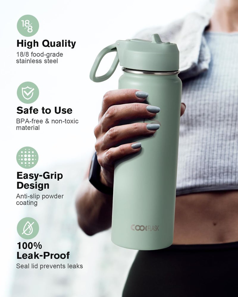Coolflask Water Bottle 750ml Insulated with Straw, Stainless Steel Metal 3 Lids Water Flask Wide Mouth for Sports or Office, Non-BPA Keep Cold Up to 48 Hrs or Hot Up to 24 Hrs, Grey Green - Image 3