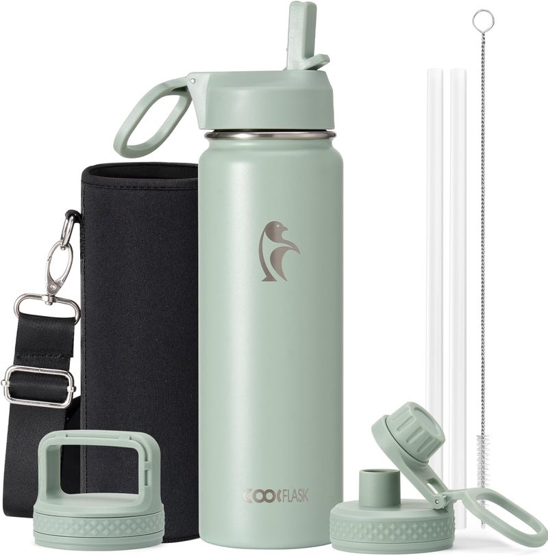 Coolflask Water Bottle 750ml Insulated with Straw, Stainless Steel Metal 3 Lids Water Flask Wide Mouth for Sports or Office, Non-BPA Keep Cold Up to 48 Hrs or Hot Up to 24 Hrs, Grey Green - Image 1