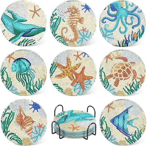 DIAMOND CRAFTZ Diamond Art Painting Coaster Kit- 8Pcs DIY Crafts Kit with Holder, Tea,Coffee,Drink hot/Cold Coaster Set with 8 Coaster for Kitchen/Dining Table/Office/Restaurant. - Image 1