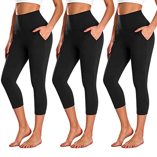 NEW YOUNG 3 Pack Capri Leggings for Women with Pockets-High Waisted Tummy Control Workout Gym Yoga Pants - Image 1