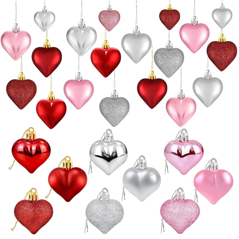 TEMOGU 36Pcs Valentine's Day Heart Hanging Ornaments for Tree Decorations, Galentines Day Decorations Heart Shaped Baubles for Home Party Wedding Decor (Rose Red,Pink,Silver,Glitter - Image 1