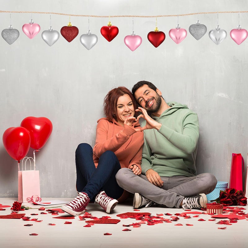 TEMOGU 36Pcs Valentine's Day Heart Hanging Ornaments for Tree Decorations, Galentines Day Decorations Heart Shaped Baubles for Home Party Wedding Decor (Rose Red,Pink,Silver,Glitter - Image 3