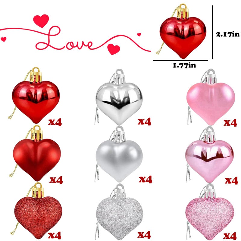 TEMOGU 36Pcs Valentine's Day Heart Hanging Ornaments for Tree Decorations, Galentines Day Decorations Heart Shaped Baubles for Home Party Wedding Decor (Rose Red,Pink,Silver,Glitter - Image 2