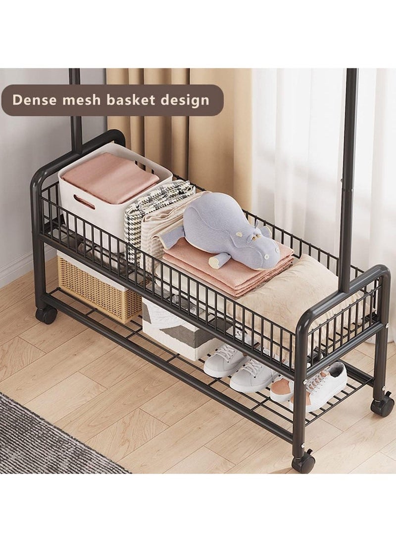 MIXDE Garment Rack,Heavy Duty Clothes Rack with 2 Tier Storage,Cloth Stand Storage Rack with Wheels and Hooks,Freestanding Metal Cloak Rack with Basket and shelf for Clothes,Hats Shoes 176×120×35cm (Black)  - Image 5