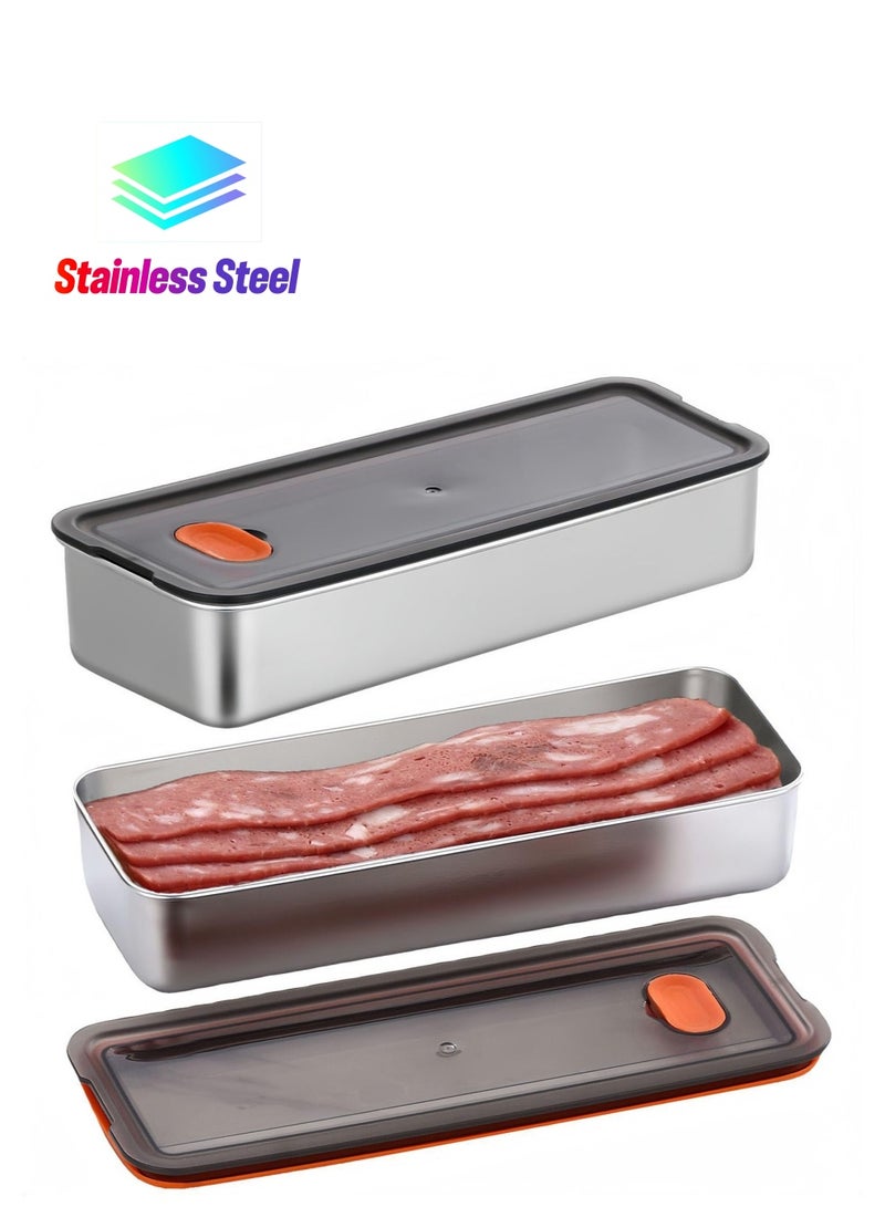 Excefore Container for Refrigerator,2PCS Storage Containers with Lids Airtight,304 Stainless Steel Airtight Meat Storage Containers for Fridge, Long Kitchen Food Storage Container - Image 1