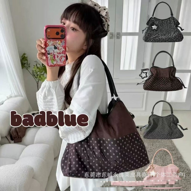 Korean badblue Embroidered Leopard Print Y2K Large Capacity Shoulder Tote Bag with Mirror Charm - Image 1