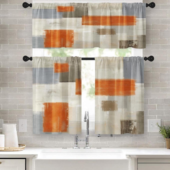 ORANGE KITCHEN WINDOW CURTAINS VALANCE AND TIER SET 36 INCH GREY BEIGE CONTEMPORARY ROD POCKET SHORT TIER CURTAIN ABSTRACT ART SMALL CAFE DRAPES FOR KITCHEN DECOR