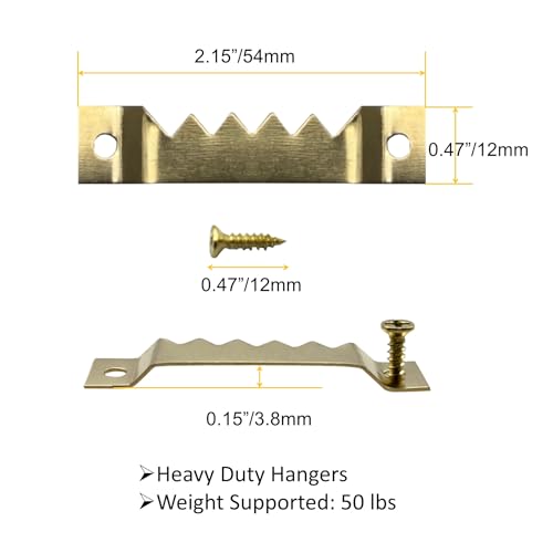 EesTeck 50 Pack Large Sawtooth Picture Hangers Steel Picture Hangers Picture Frames Hangers with Screws Picture Hang Solutions, for Hanging Clock Paintings Artwork Picture Frame Hook Photos (Gold) - Image 3