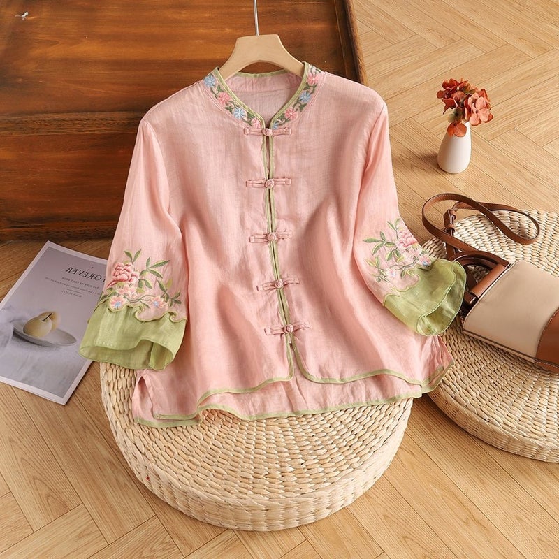 Cotton And Linen New Summer Retro Ethnic Heavy Embroidery Shirt Women'S Retro Button Color Matching Three-Quarter Sleeve Top Loose - Image 3
