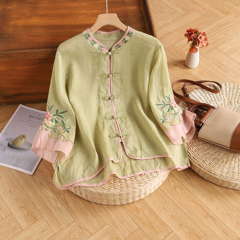 Cotton And Linen New Summer Retro Ethnic Heavy Embroidery Shirt Women'S Retro Button Color Matching Three-Quarter Sleeve Top Loose - Image 1