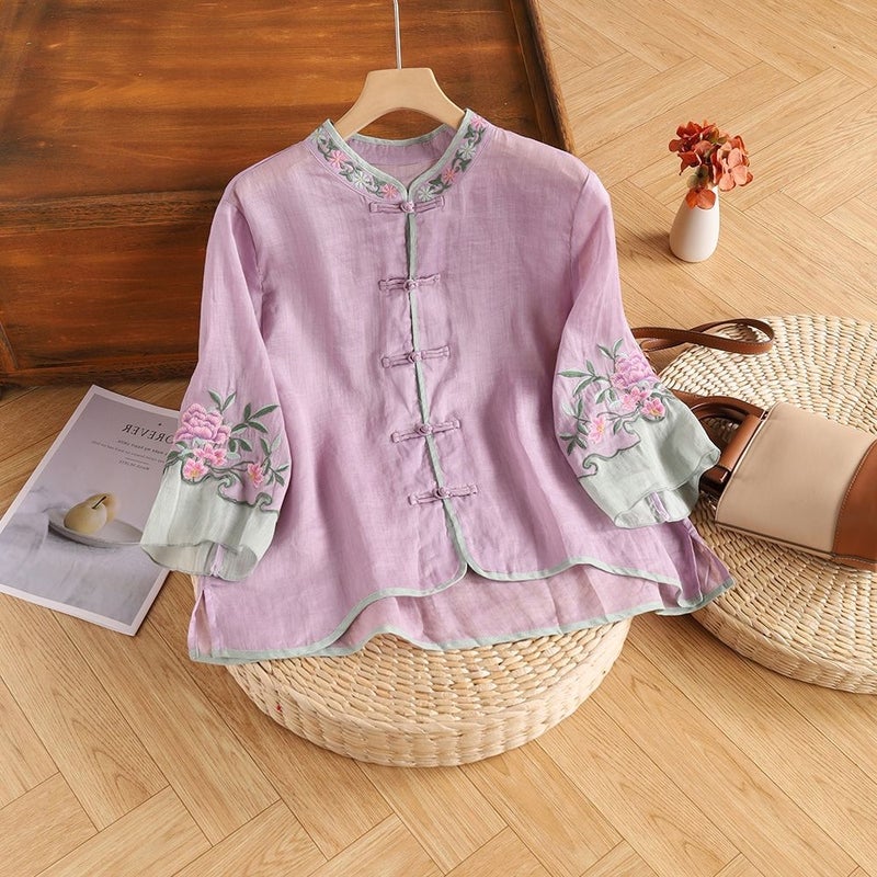 Cotton And Linen New Summer Retro Ethnic Heavy Embroidery Shirt Women'S Retro Button Color Matching Three-Quarter Sleeve Top Loose - Image 5