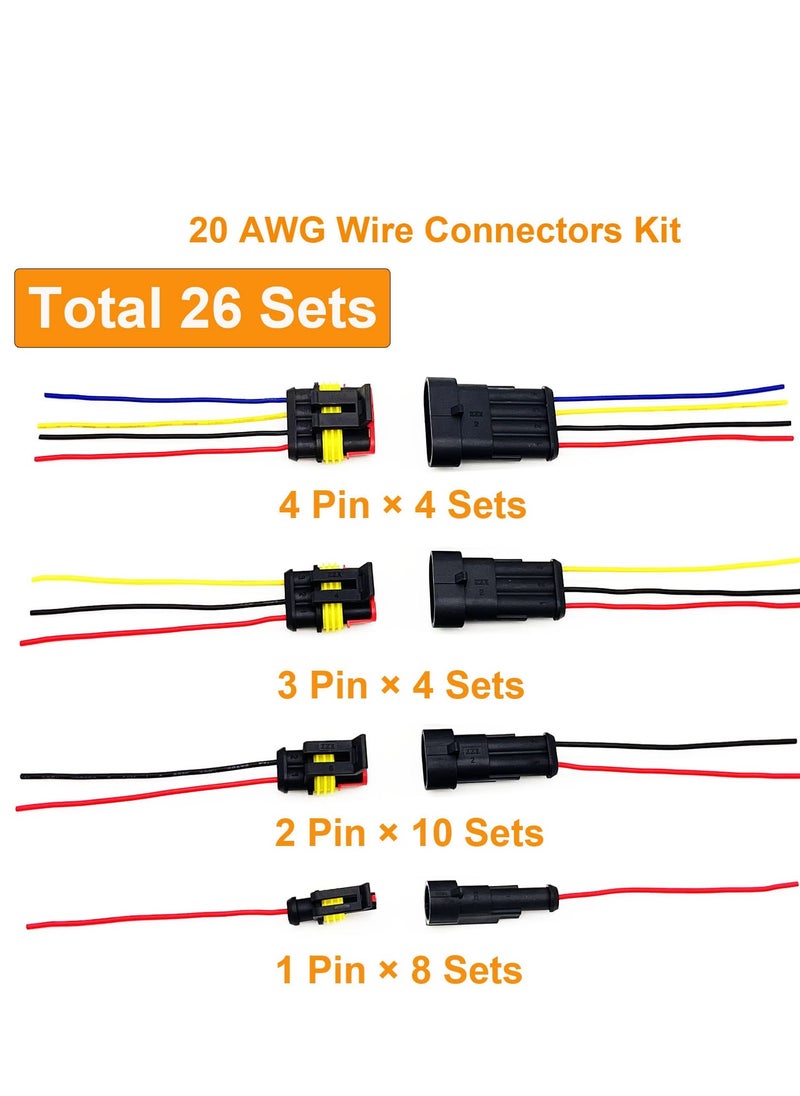 SYOSI - 20 AWG Waterproof Wire Connectors Automotive Electrical Connectors Quick Disconnect Wire Connectors 1/2/3/4 Pin with 20 Gauge Wire (26 Kits) - Image 1