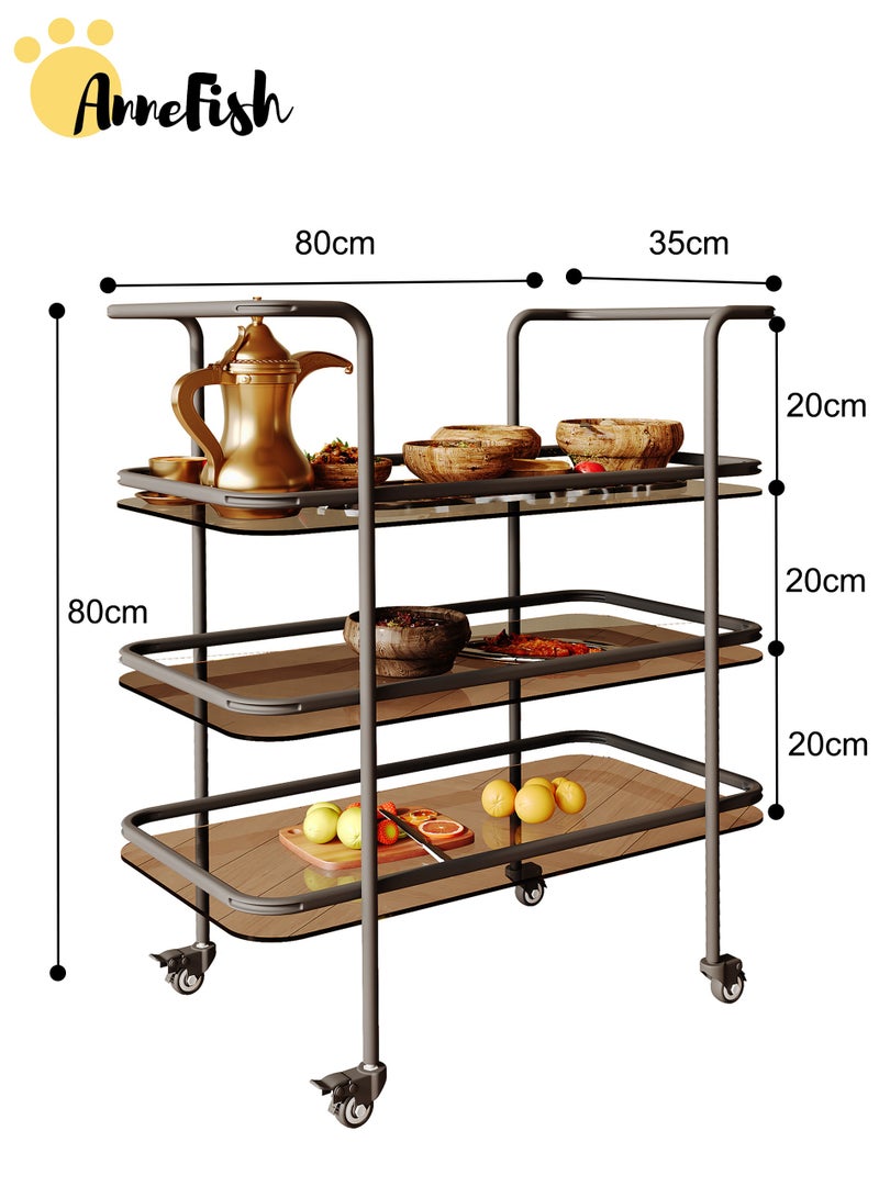 AnneFish 3 Tier Glass Rolling Serving Trolley Home Bar Serving Cart with Wheels and Storage Shelves Beverage Cart with Protective Rails for Kitchen Dining Living Room - Image 4