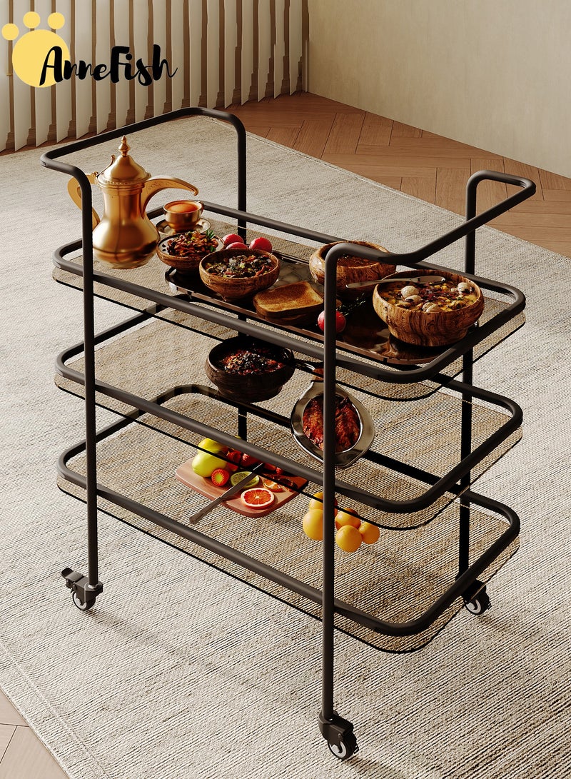 AnneFish 3 Tier Glass Rolling Serving Trolley Home Bar Serving Cart with Wheels and Storage Shelves Beverage Cart with Protective Rails for Kitchen Dining Living Room - Image 3