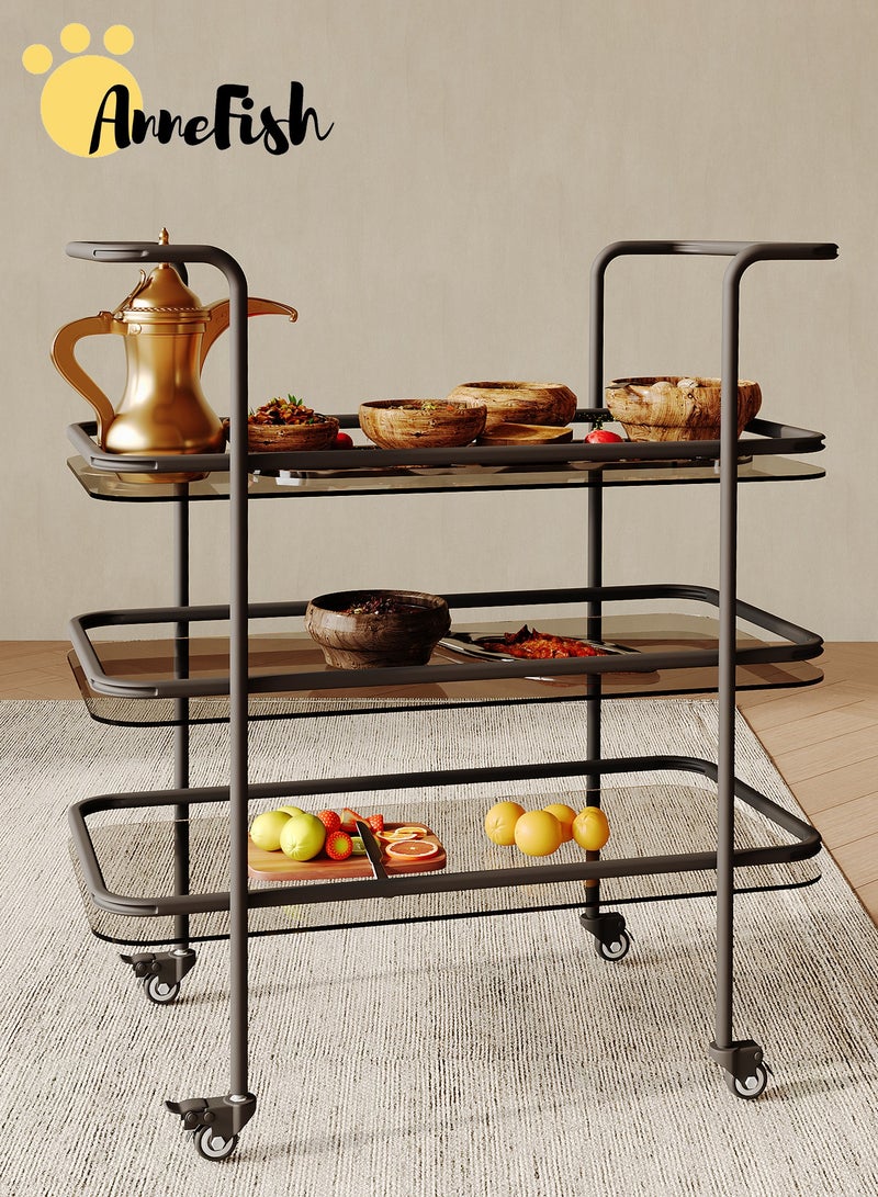 AnneFish 3 Tier Glass Rolling Serving Trolley Home Bar Serving Cart with Wheels and Storage Shelves Beverage Cart with Protective Rails for Kitchen Dining Living Room - Image 2