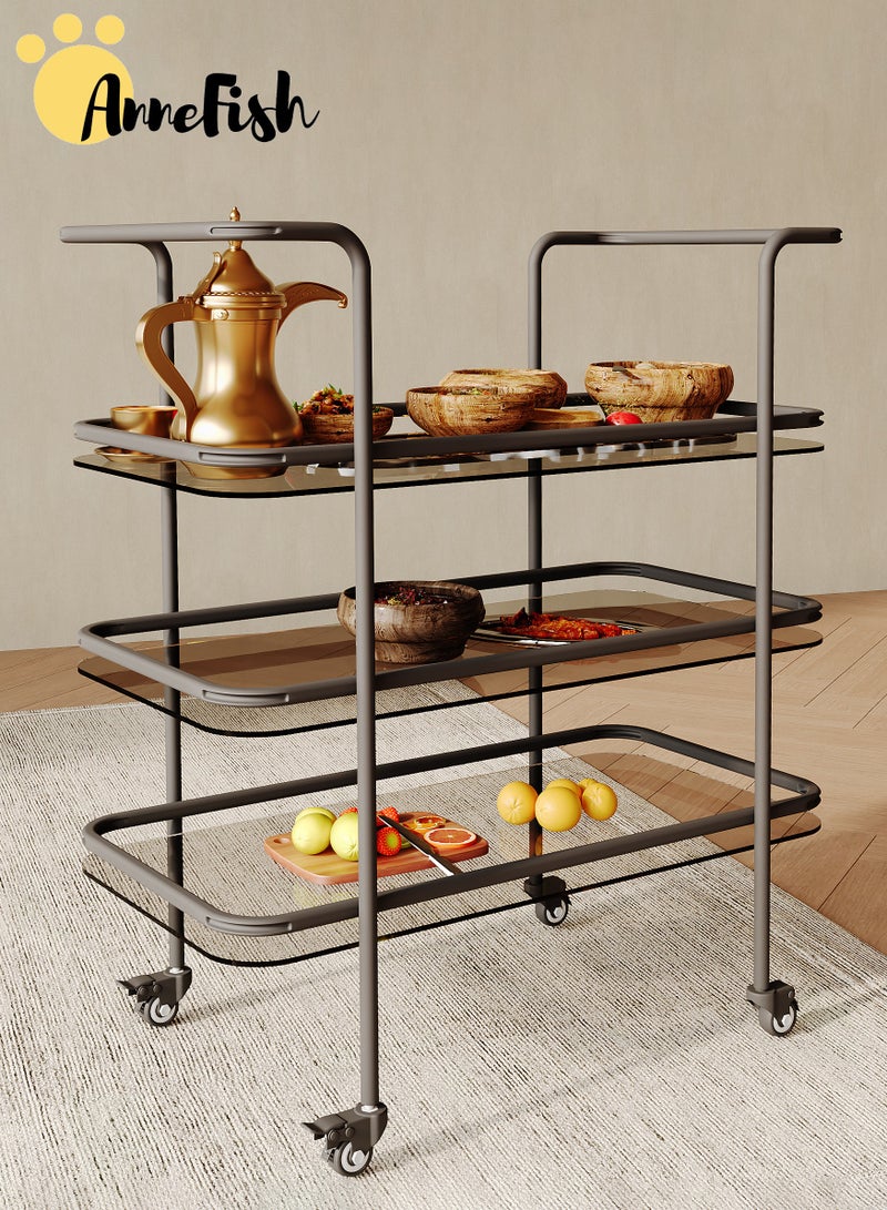 AnneFish 3 Tier Glass Rolling Serving Trolley Home Bar Serving Cart with Wheels and Storage Shelves Beverage Cart with Protective Rails for Kitchen Dining Living Room - Image 1