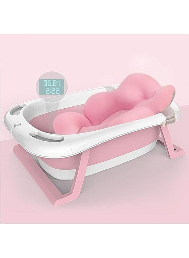 عربست حوض استحمام للأطفال، حوض استحمام قابل للطي وغير قابل للانزلاق للأطفال الرضع، مزود بميزان حرارة ووسادة استحمام عائمة، مناسب للأطفال من عمر 0 ​​إلى 8 سنوات - لون وردي مع وسادة. - Image 1
