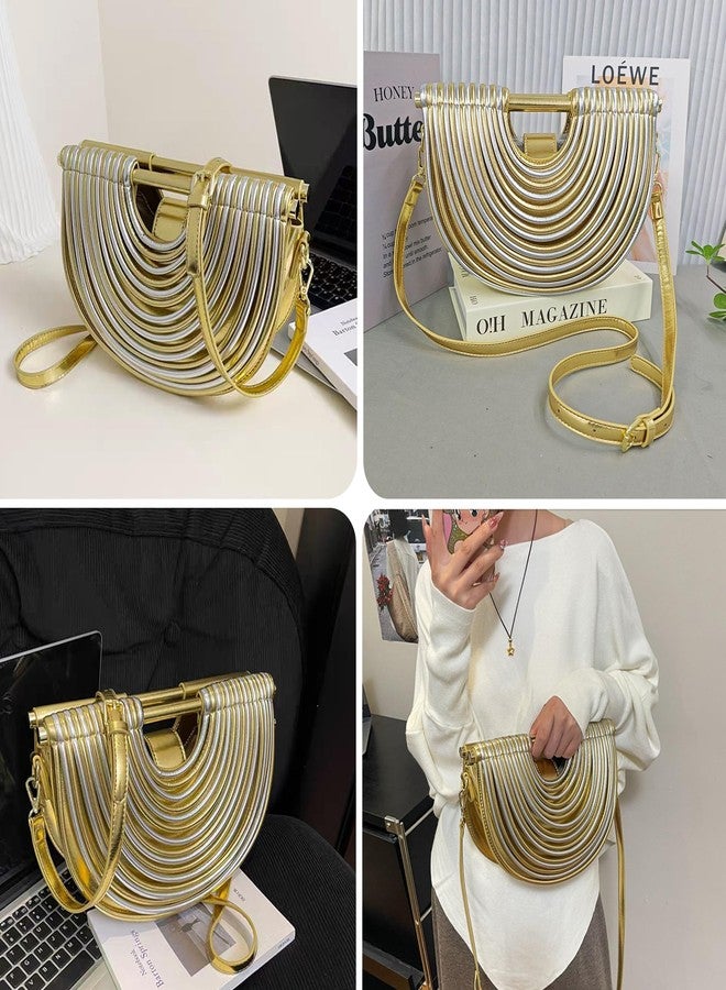 BBTT.ful Trendy Woven Evening Clutch Purses Half Round PU Leather Designer Shoulder/Crossbody bags Satchel Handbags Top-Handle Handbags(gold and silver) - Image 2