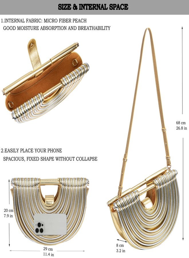 BBTT.ful Trendy Woven Evening Clutch Purses Half Round PU Leather Designer Shoulder/Crossbody bags Satchel Handbags Top-Handle Handbags(gold and silver) - Image 5